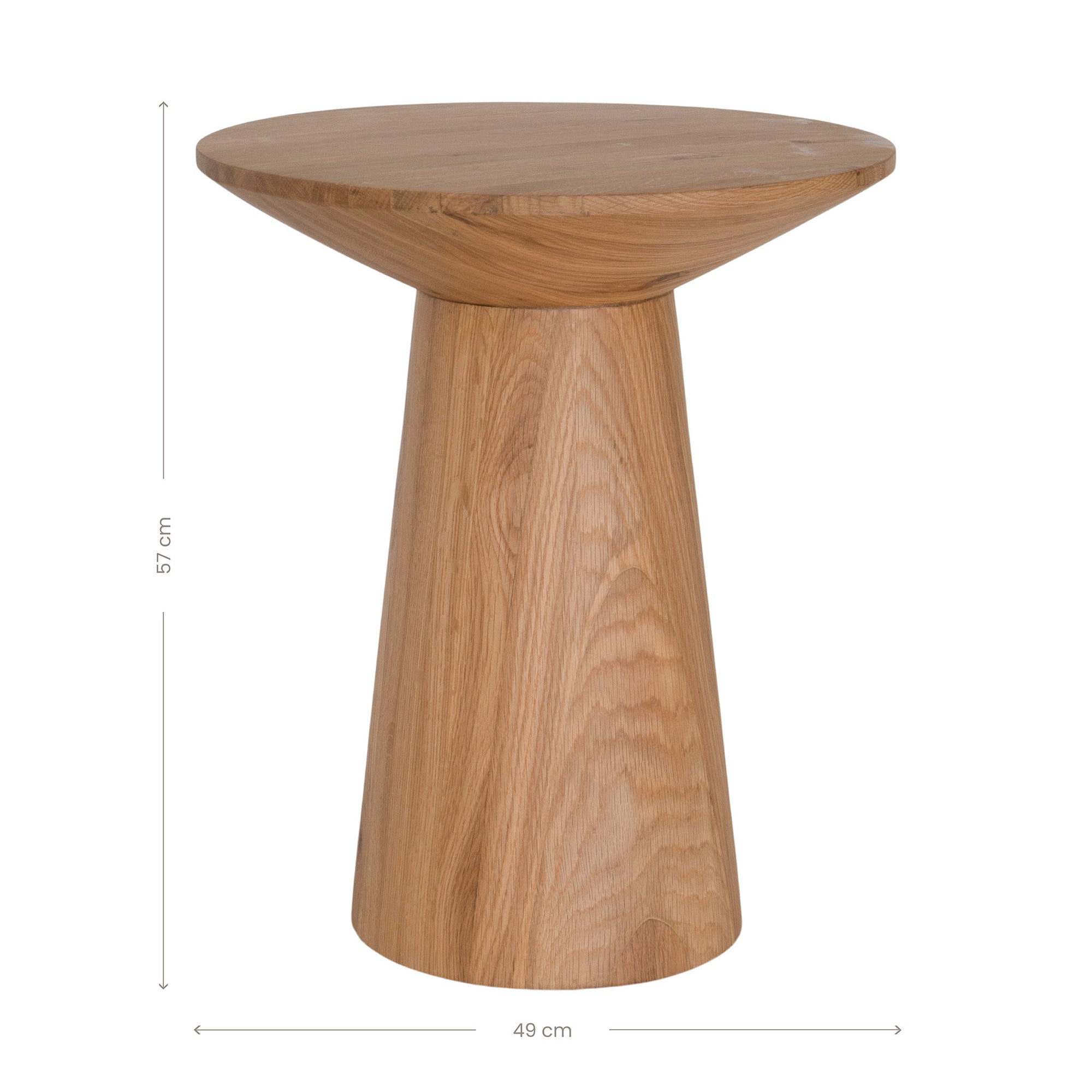 A modern solid oak side table with a sculptural conical base and smooth rounded top, showcasing natural wood grain variations for an organic aesthetic