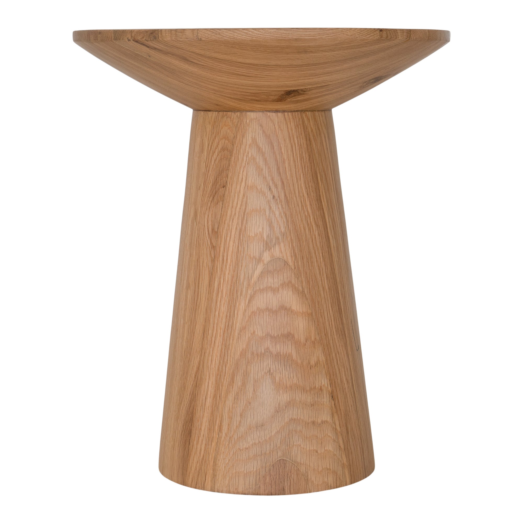 A modern solid oak side table with a sculptural conical base and smooth rounded top, showcasing natural wood grain variations for an organic aesthetic