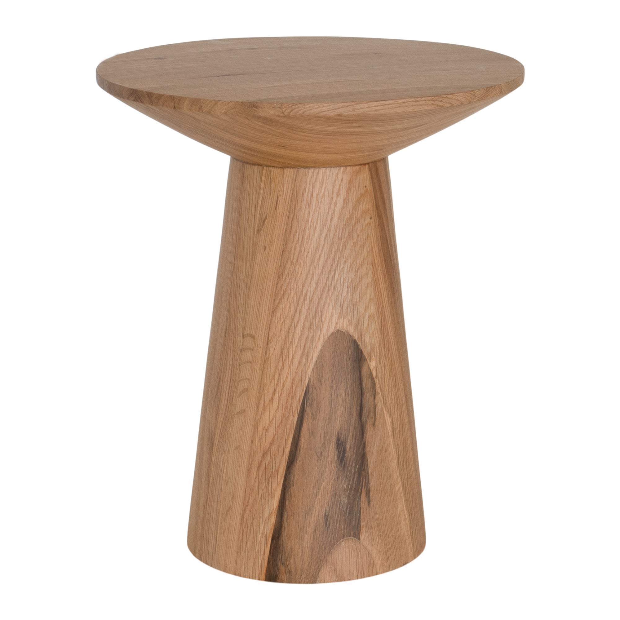 A modern solid oak side table with a sculptural conical base and smooth rounded top, showcasing natural wood grain variations for an organic aesthetic