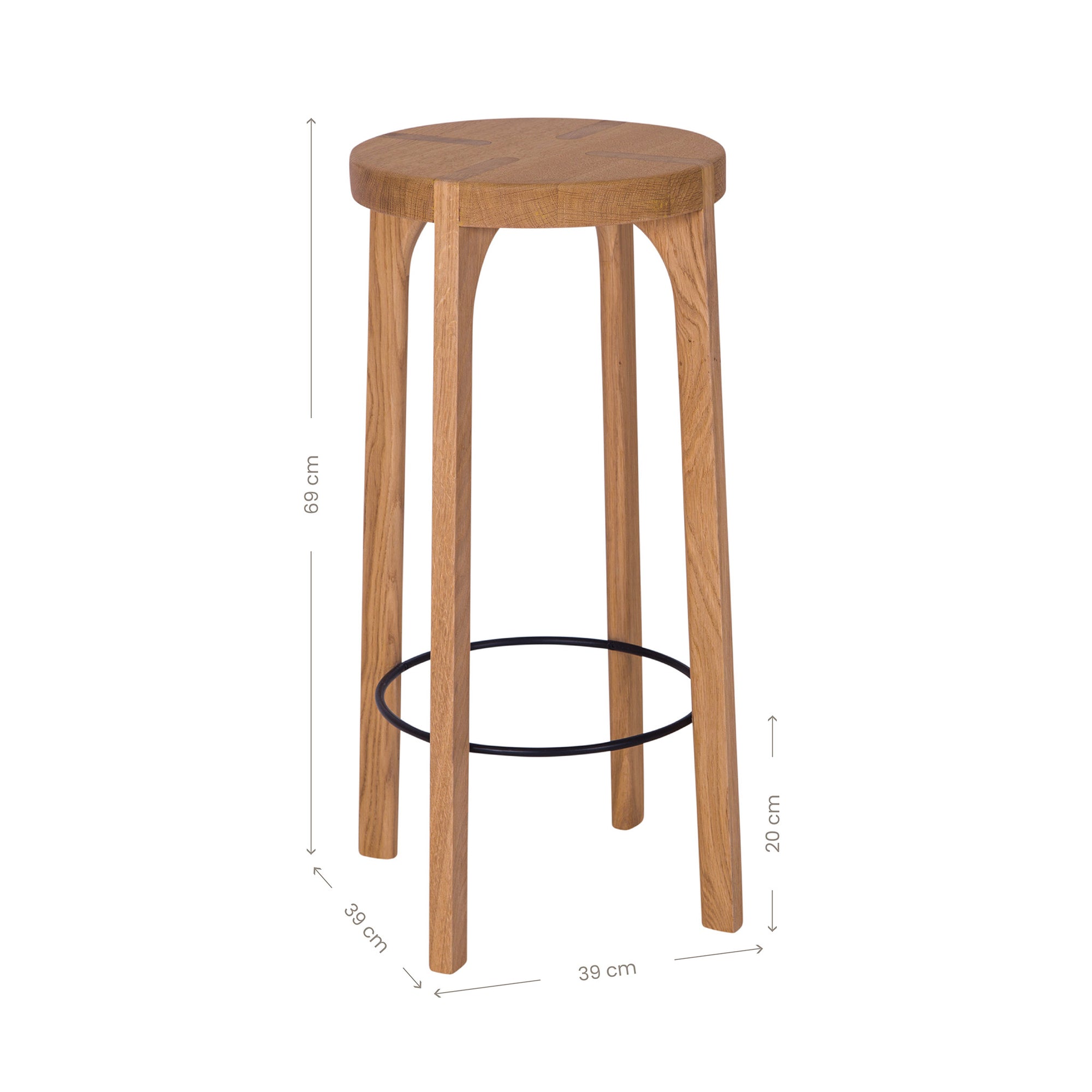 Kulala Living solid oak bar stool with a round seat and black metal footrest. A minimalist and timeless design, perfect for contemporary and coastal interiors