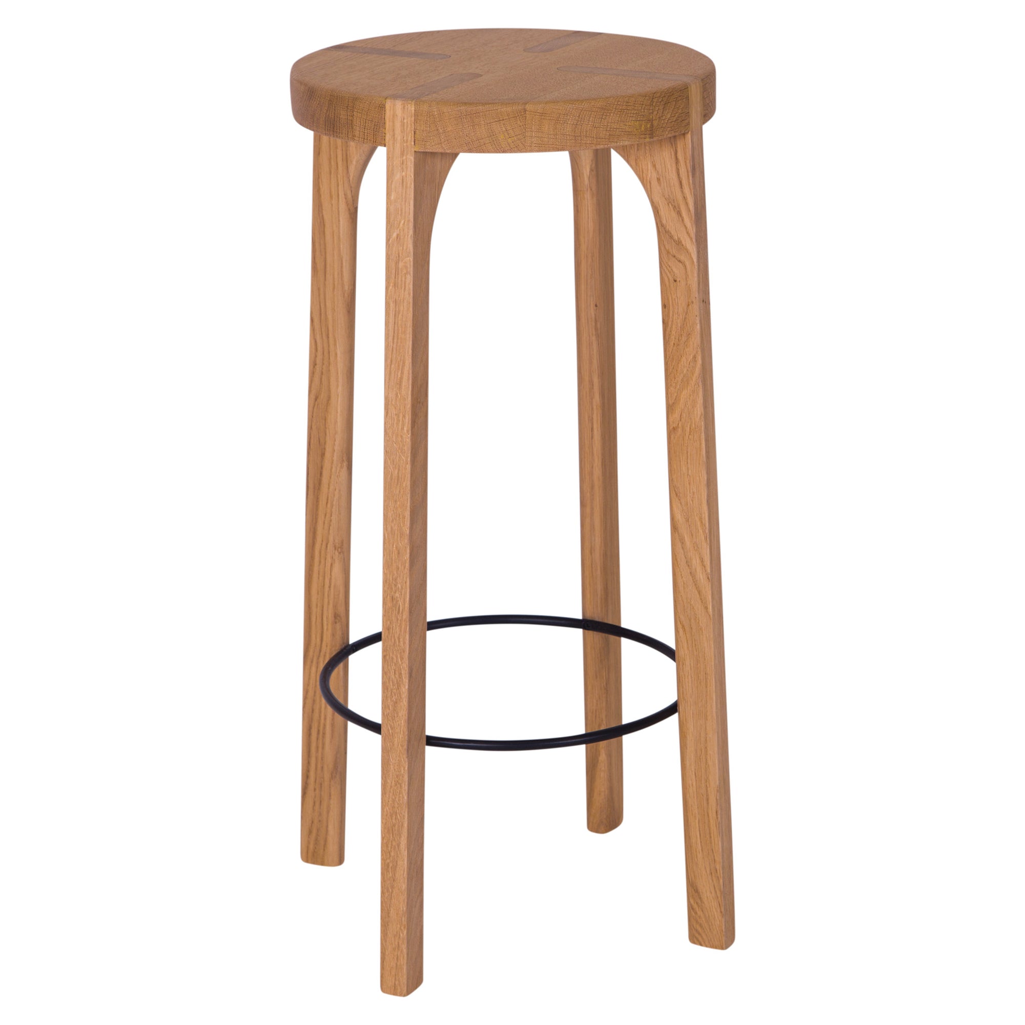 Kulala Living solid oak bar stool with a round seat and black metal footrest. A minimalist and timeless design, perfect for contemporary and coastal interiors