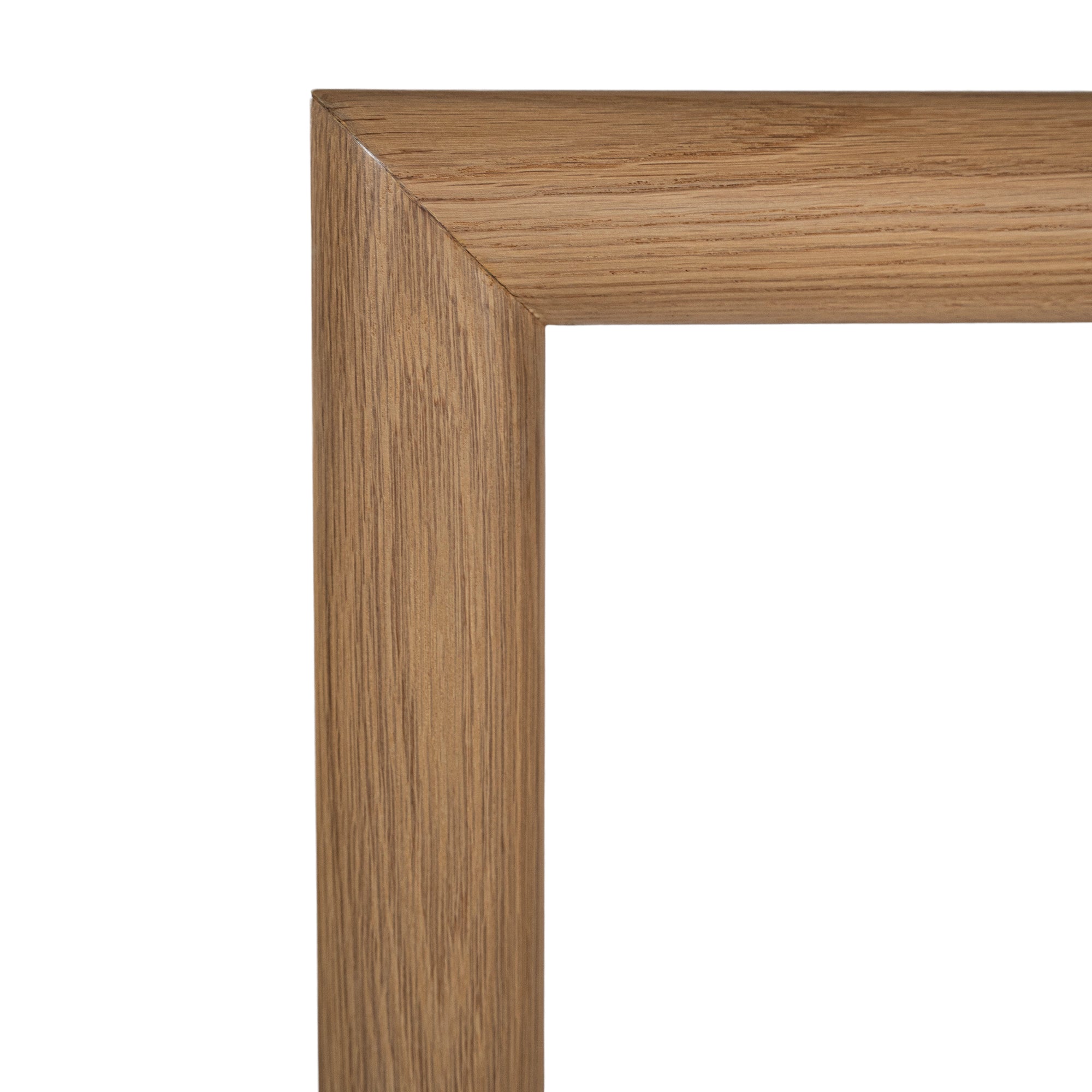 Solid oak console table with clean, minimalist lines and natural woodgrain finish, perfect for contemporary hallways or living spaces