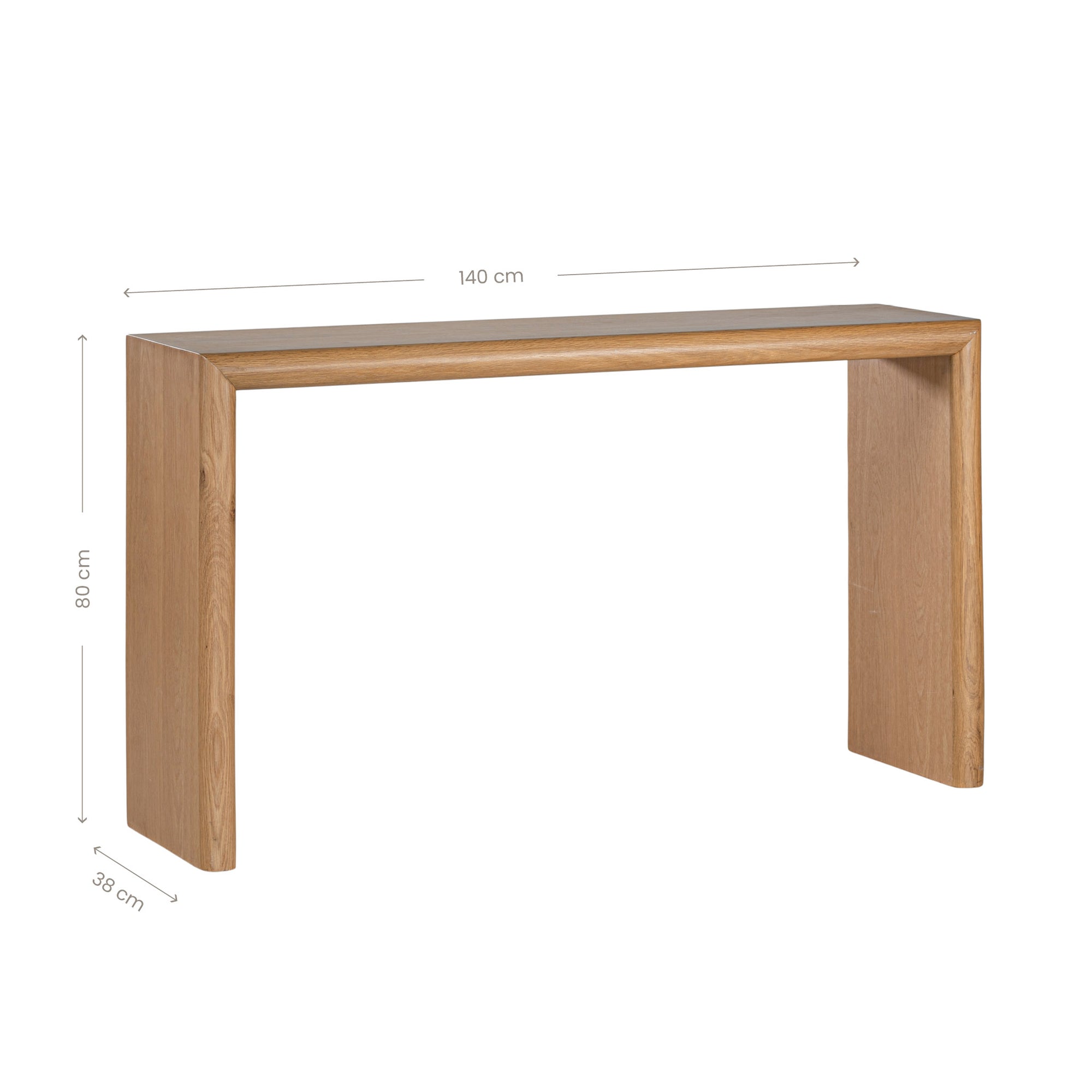 Solid oak console table with clean, minimalist lines and natural woodgrain finish, perfect for contemporary hallways or living spaces