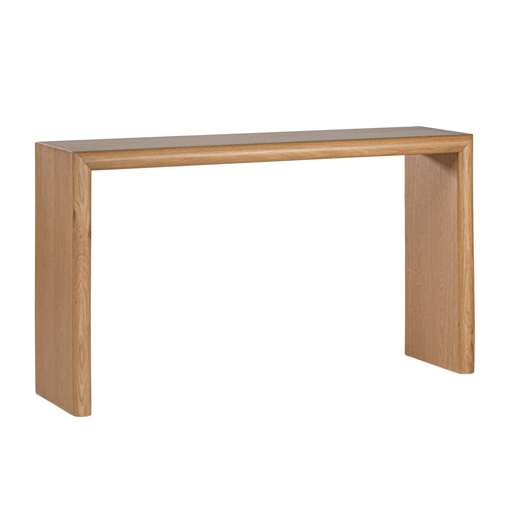 Solid oak console table with clean, minimalist lines and natural woodgrain finish, perfect for contemporary hallways or living spaces