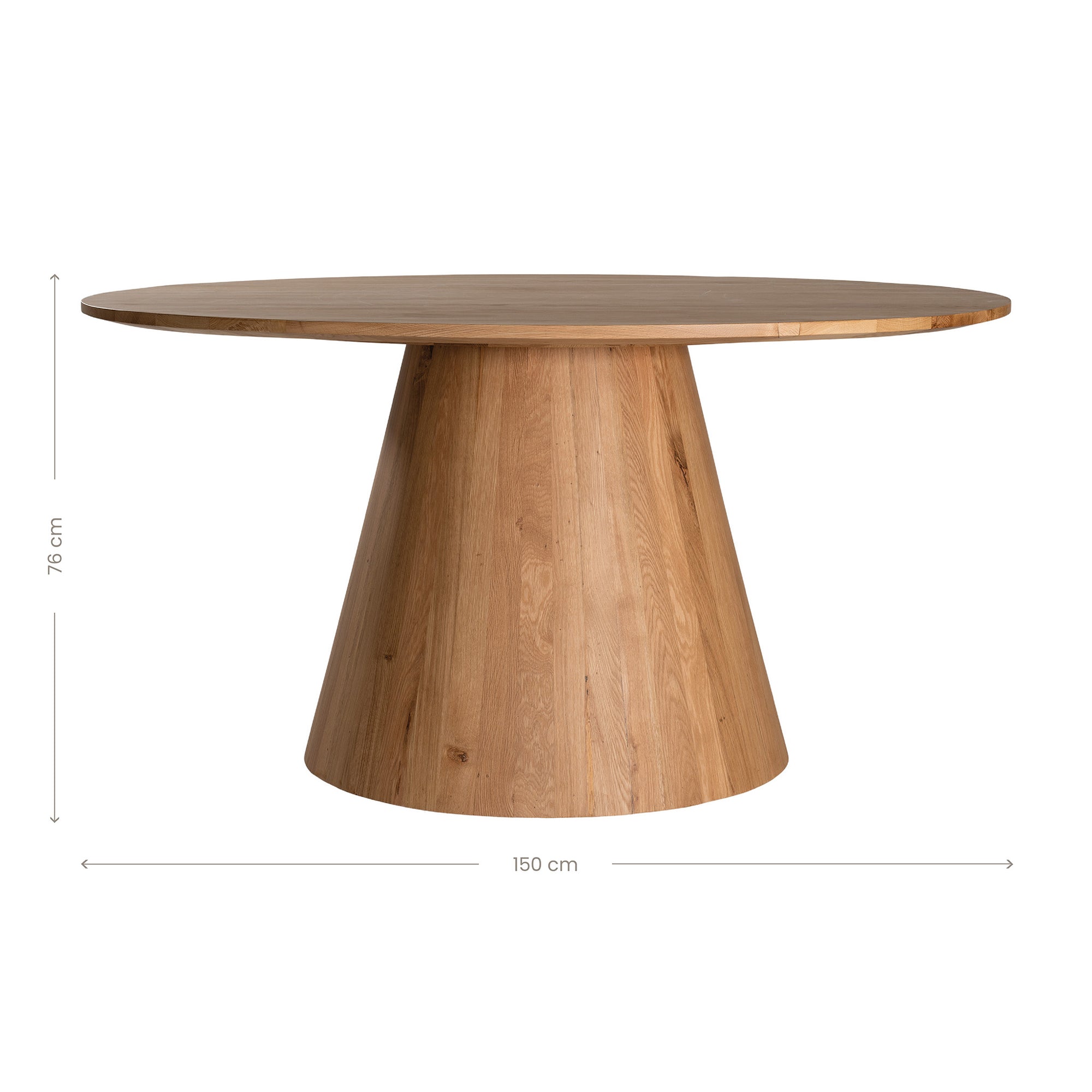 A beautifully crafted round dining table made from solid oak, featuring a minimalist conical base for a timeless and contemporary design