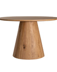 A beautifully crafted round dining table made from solid oak, featuring a minimalist conical base for a timeless and contemporary design