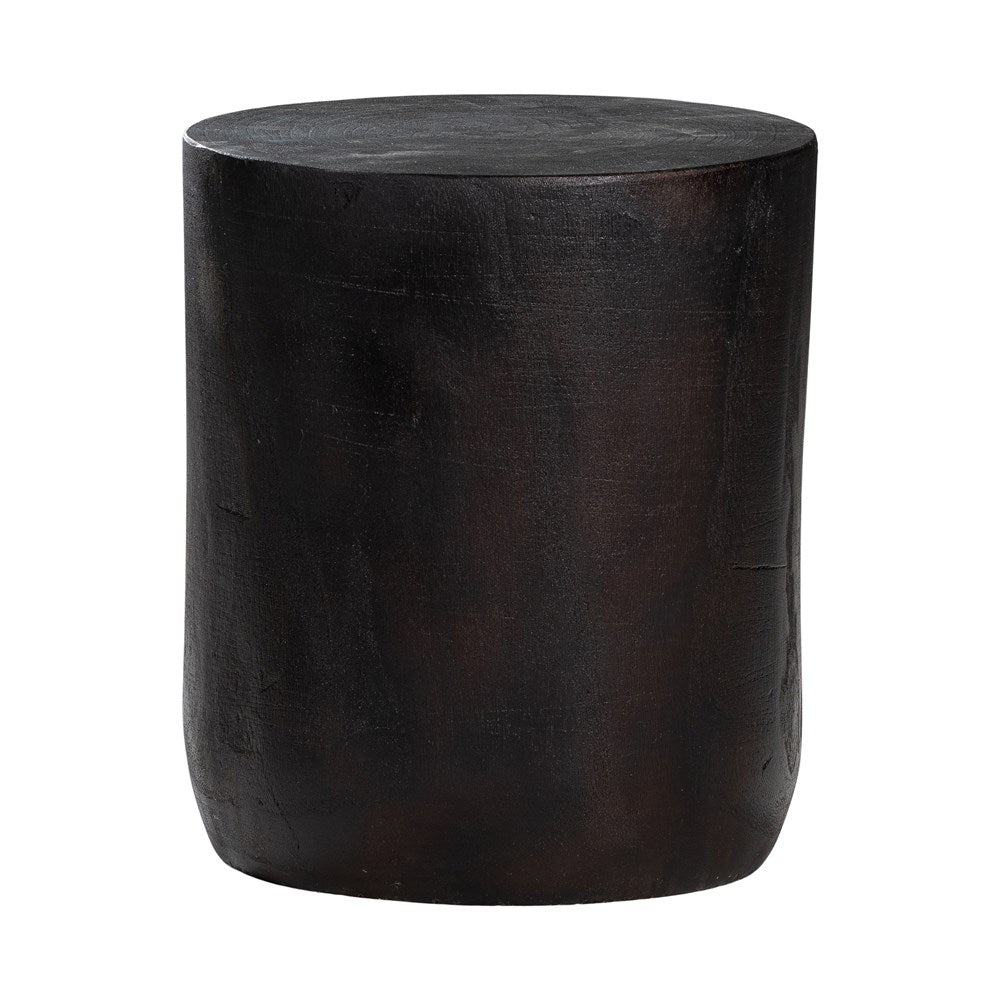A solid timber stool with a smooth black finish, featuring a minimalist cylindrical design. Ideal as a side table or additional seating for modern and organic interiors