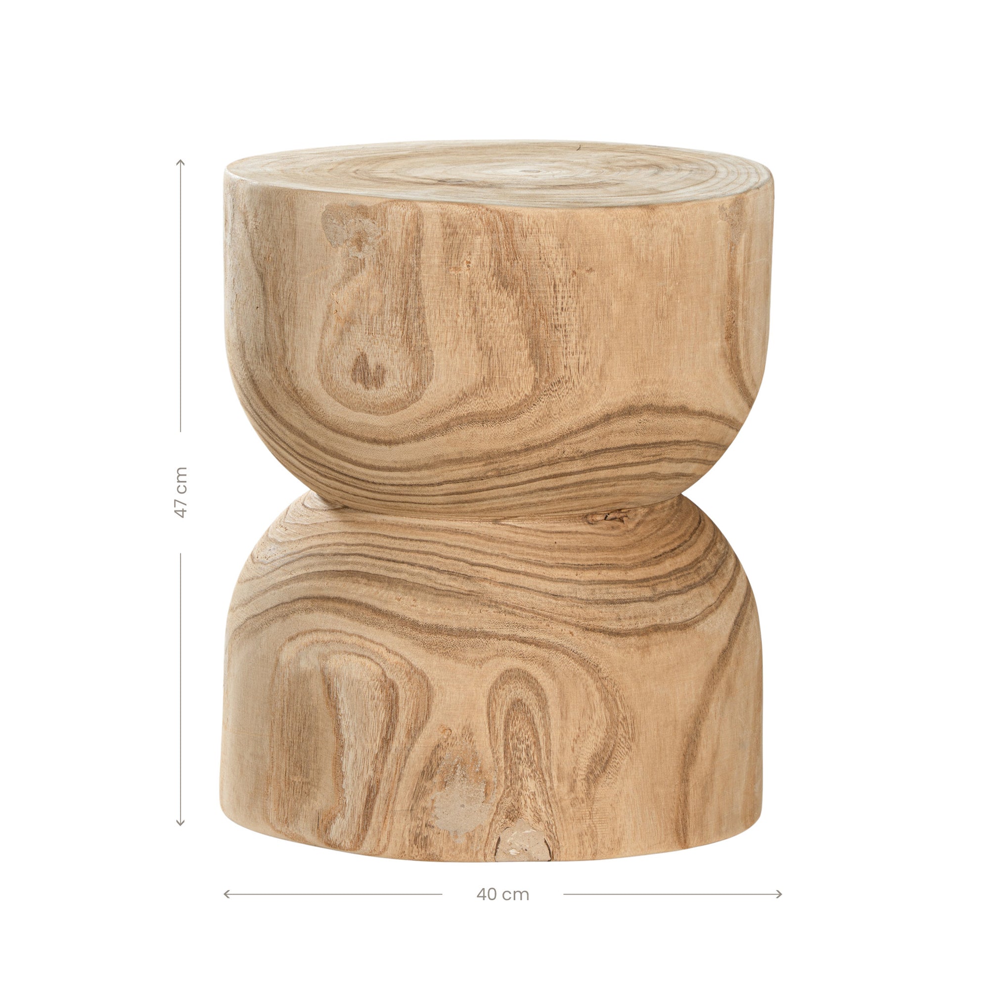 A sculptural solid timber stool with a curved silhouette, showcasing natural wood grain patterns. Versatile as a side table or additional seating, perfect for organic and modern interiors