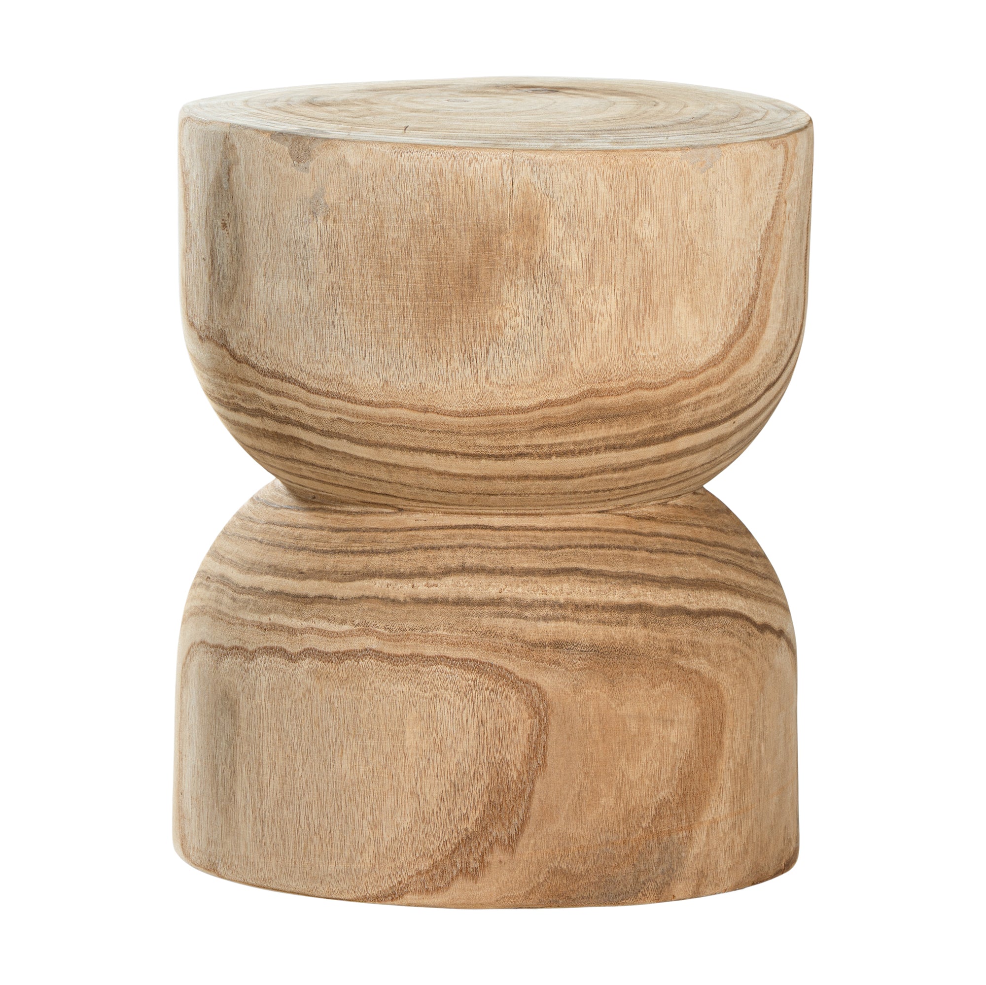A sculptural solid timber stool with a curved silhouette, showcasing natural wood grain patterns. Versatile as a side table or additional seating, perfect for organic and modern interiors