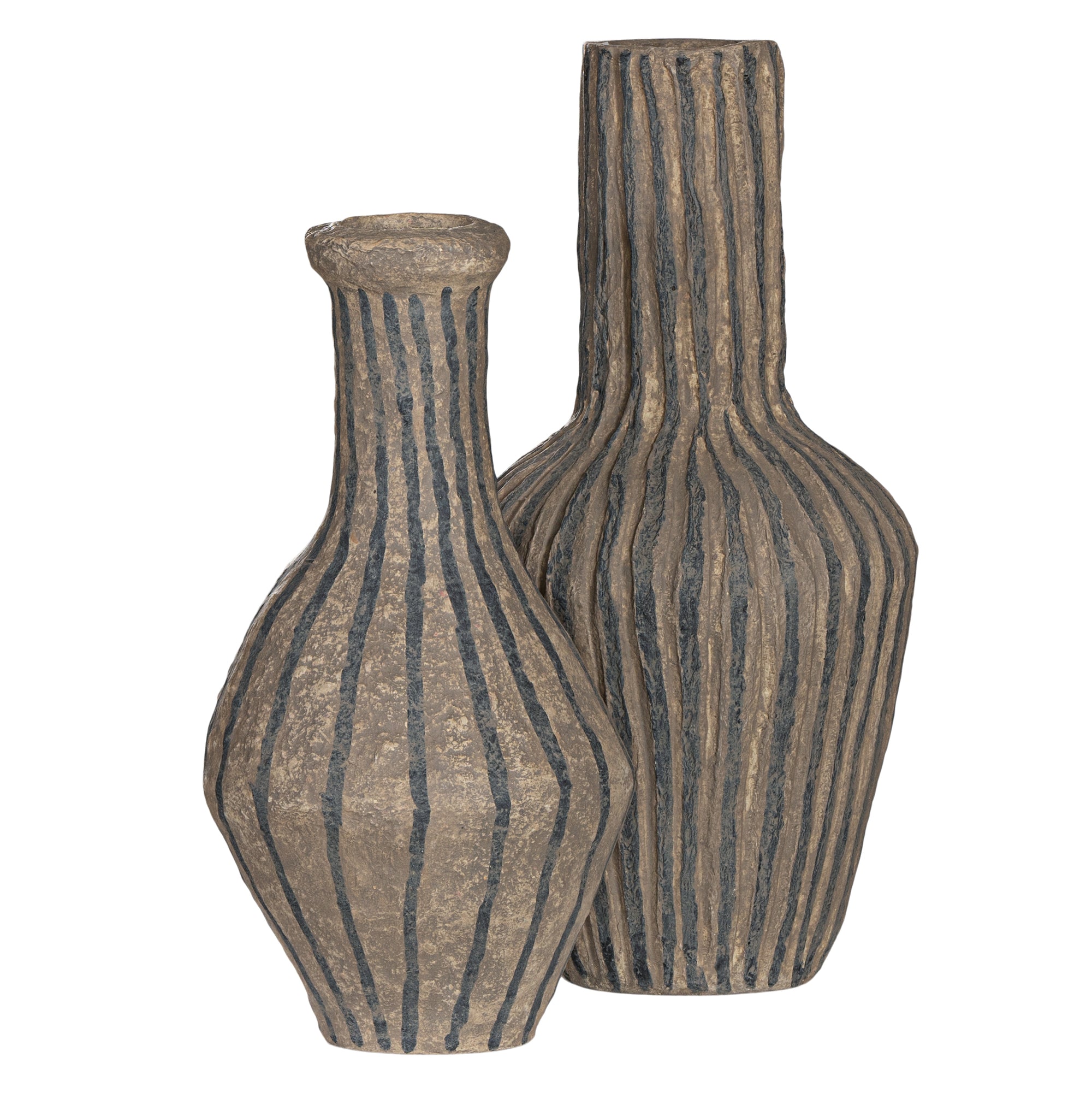 Striped paper mache vase with a rustic texture, perfect as a decorative accent piece for modern and bohemian interiors.