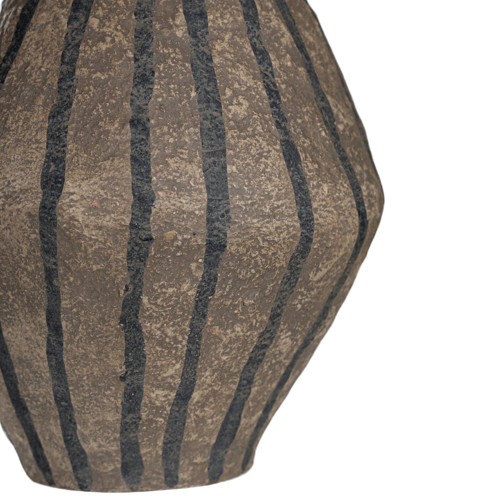 Striped paper mache vase with a rustic texture, perfect as a decorative accent piece for modern and bohemian interiors.