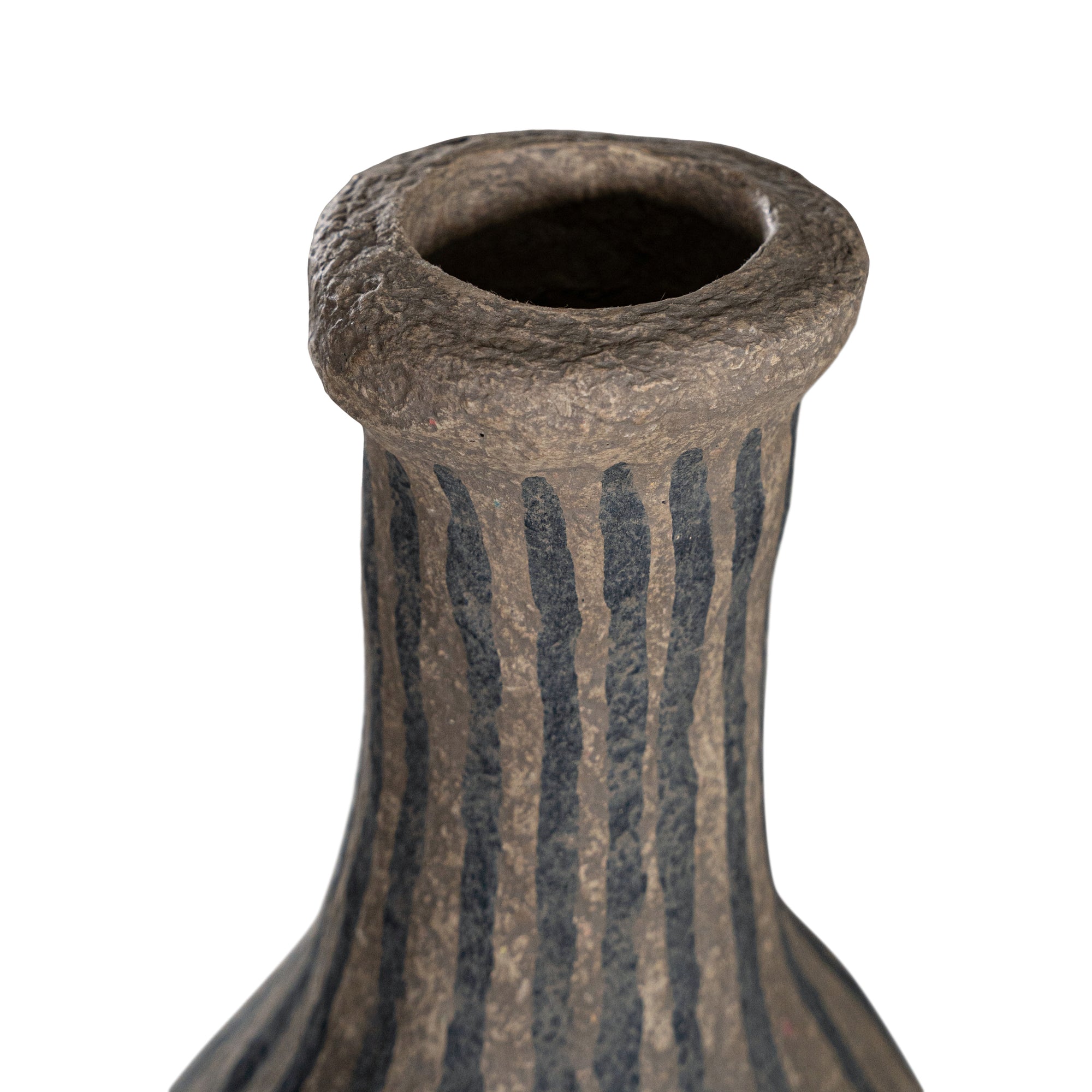 Striped paper mache vase with a rustic texture, perfect as a decorative accent piece for modern and bohemian interiors.