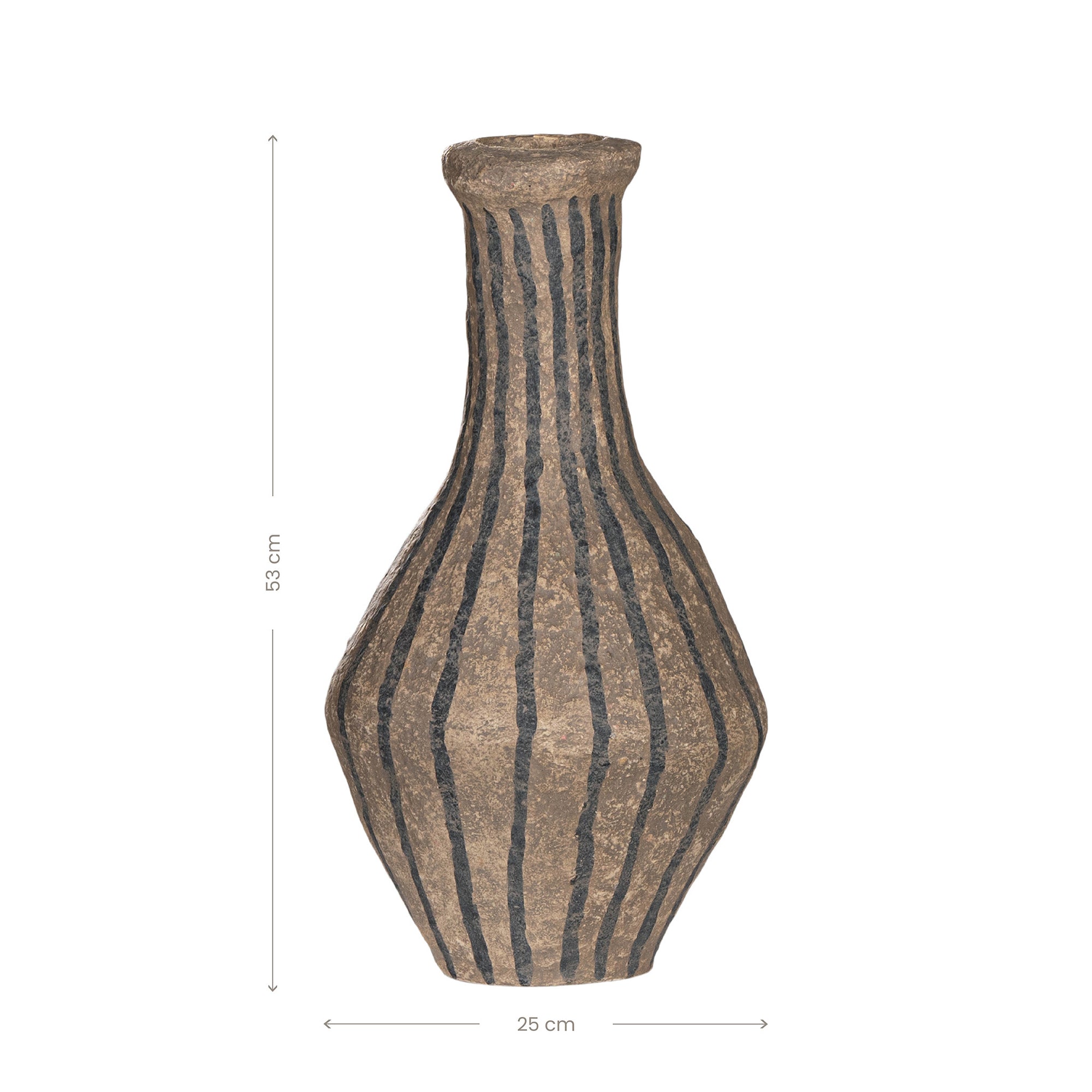 Striped paper mache vase with a rustic texture, perfect as a decorative accent piece for modern and bohemian interiors.