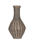 Striped paper mache vase with a rustic texture, perfect as a decorative accent piece for modern and bohemian interiors.