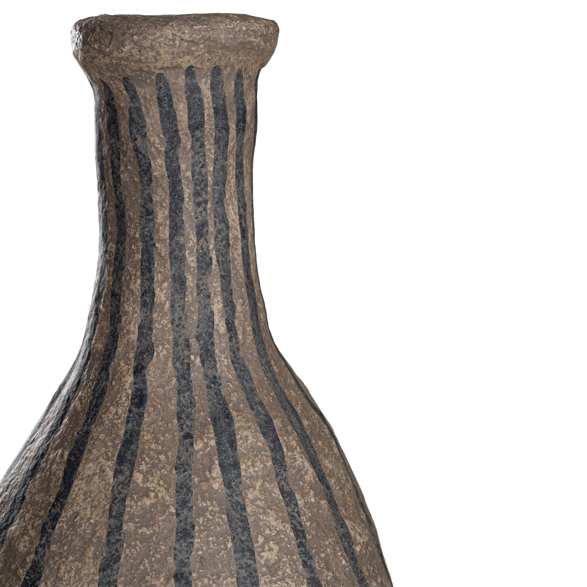 Striped paper mache vase with a rustic texture, perfect as a decorative accent piece for modern and bohemian interiors.