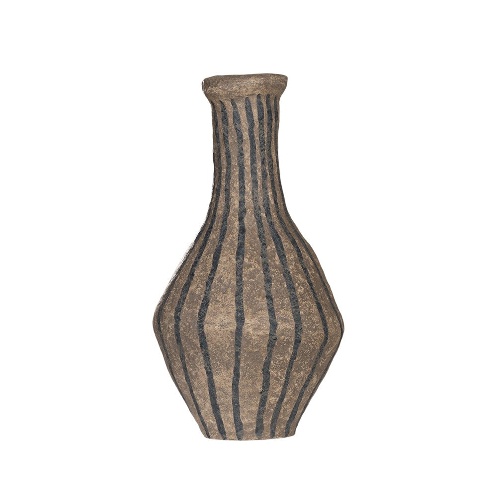 Striped paper mache vase with a rustic texture, perfect as a decorative accent piece for modern and bohemian interiors