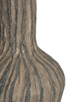 Striped paper mache vase with a rustic texture, perfect as a decorative accent piece for modern and bohemian interiors.