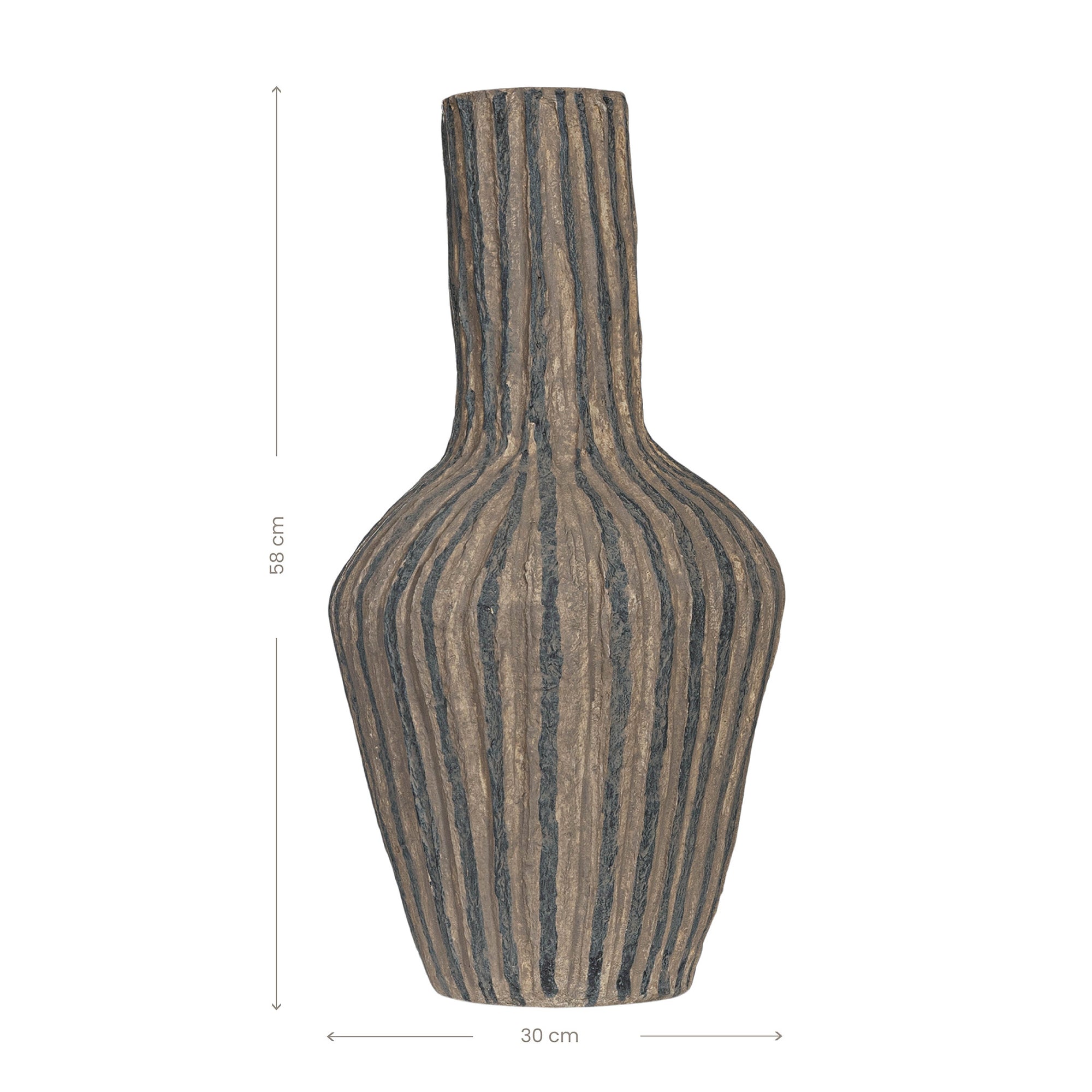 Striped paper mache vase with a rustic texture, perfect as a decorative accent piece for modern and bohemian interiors.