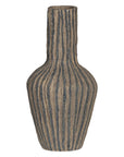 Striped paper mache vase with a rustic texture, perfect as a decorative accent piece for modern and bohemian interiors.