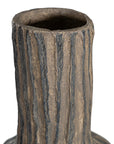 Striped paper mache vase with a rustic texture, perfect as a decorative accent piece for modern and bohemian interiors.