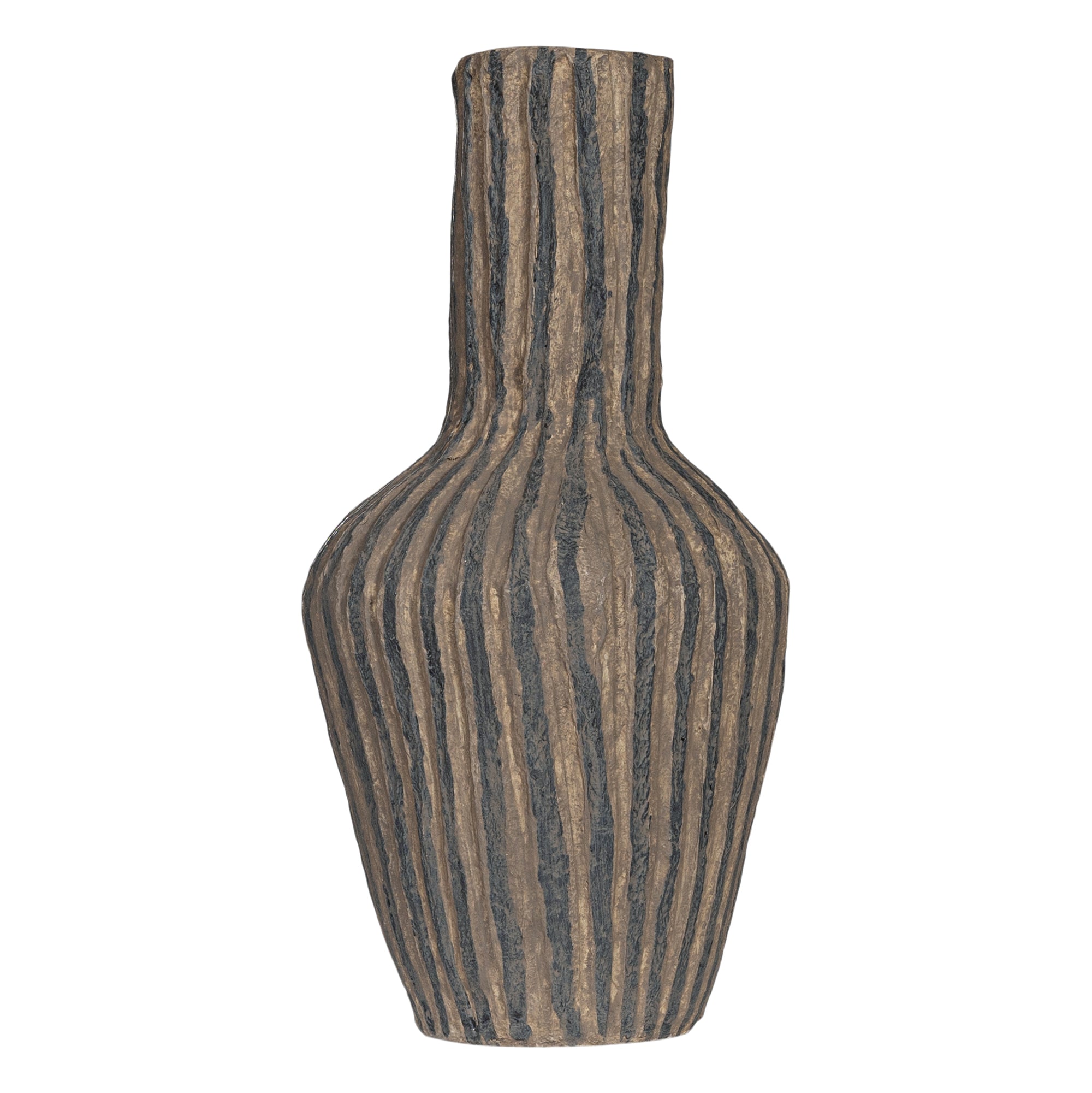 Striped paper mache vase with a rustic texture, perfect as a decorative accent piece for modern and bohemian interiors.