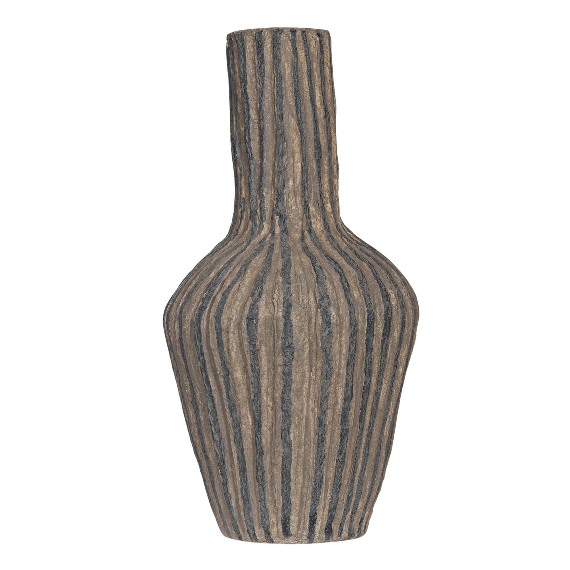 Striped paper mache vase with a rustic texture, perfect as a decorative accent piece for modern and bohemian interiors.