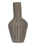 Striped paper mache vase with a rustic texture, perfect as a decorative accent piece for modern and bohemian interiors.