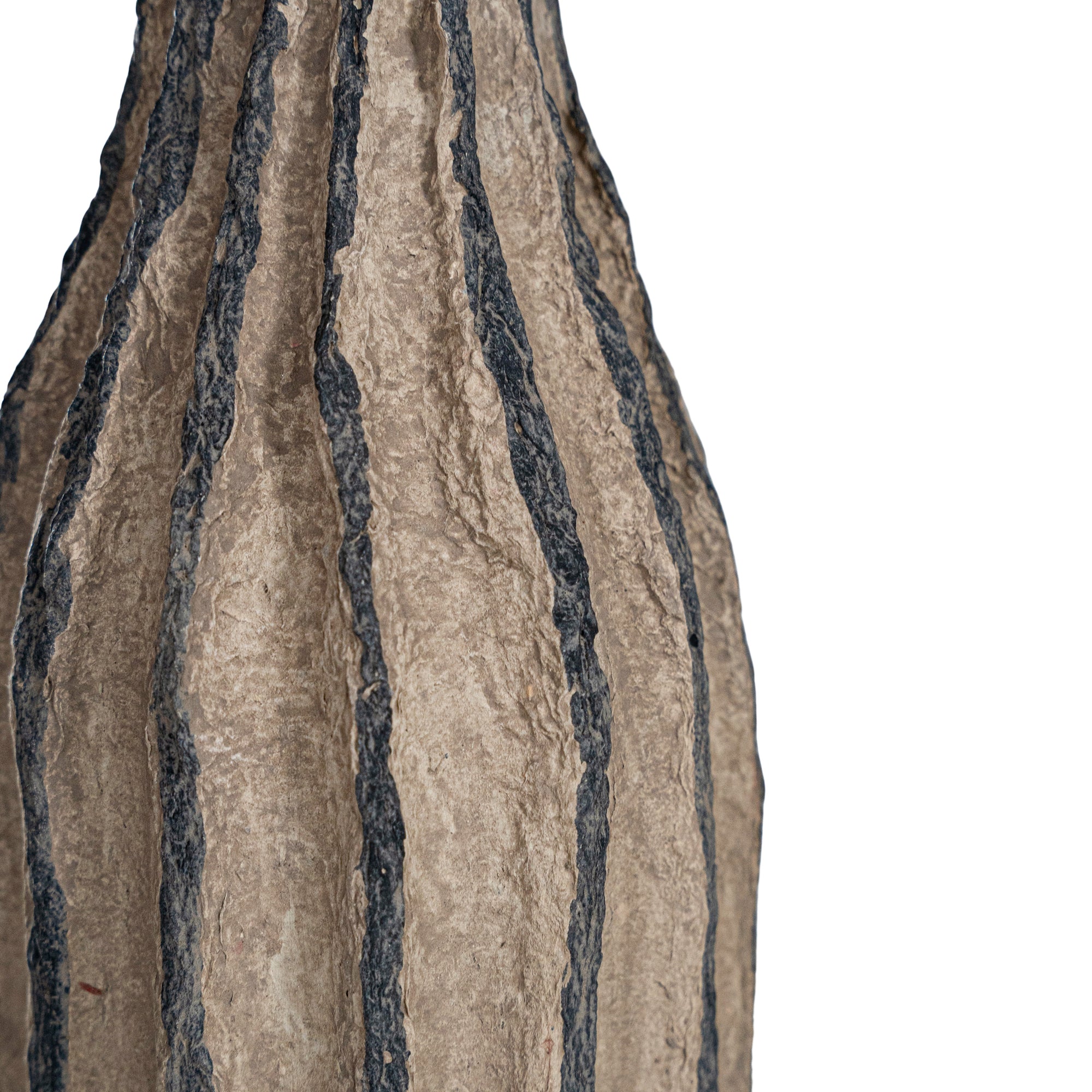 Striped paper mache vase with a rustic texture, perfect as a decorative accent piece for modern and bohemian interiors.