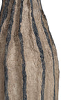 Striped paper mache vase with a rustic texture, perfect as a decorative accent piece for modern and bohemian interiors.