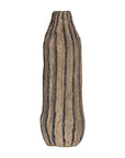 Striped paper mache vase with a rustic texture, perfect as a decorative accent piece for modern and bohemian interiors.