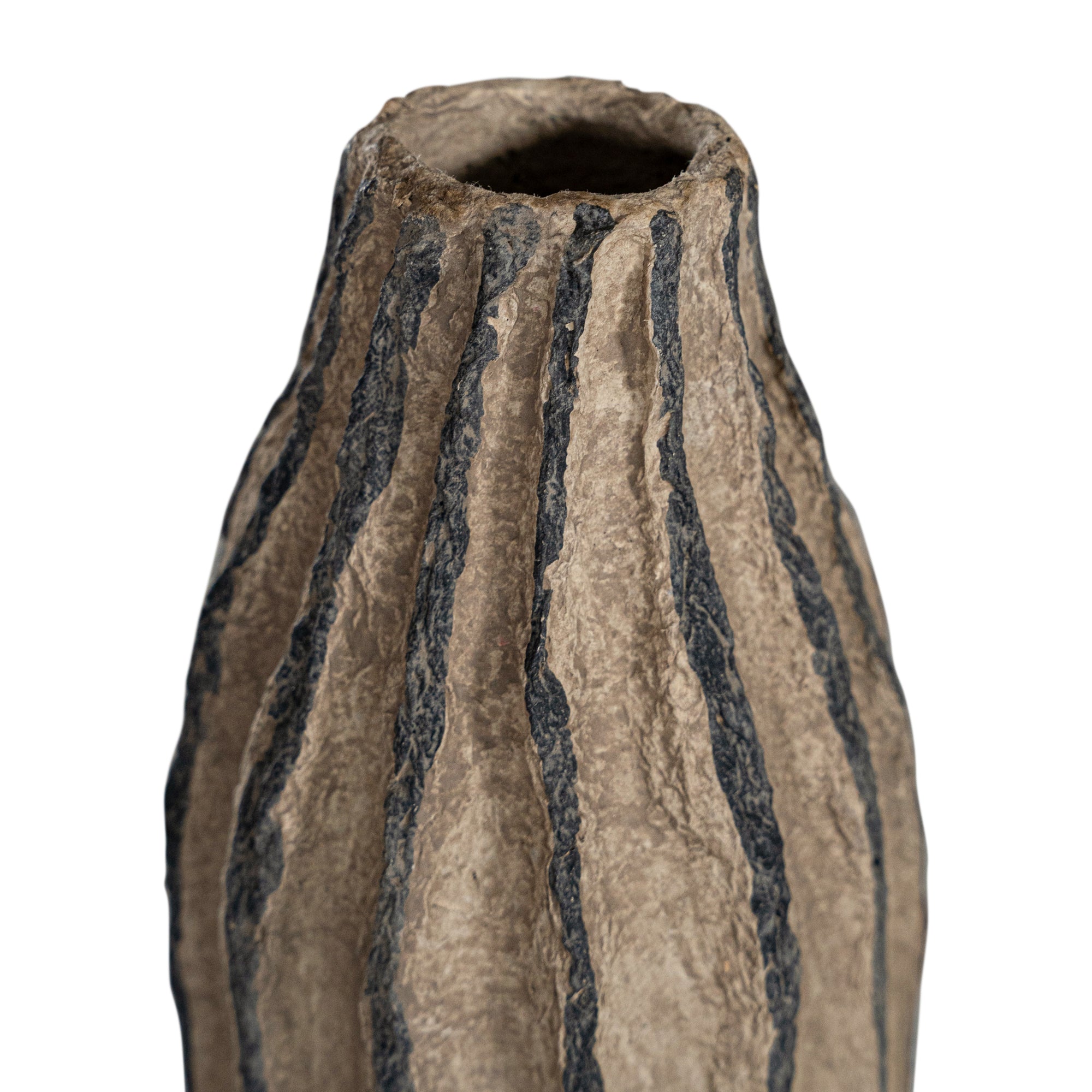 Striped paper mache vase with a rustic texture, perfect as a decorative accent piece for modern and bohemian interiors.