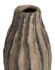 Striped paper mache vase with a rustic texture, perfect as a decorative accent piece for modern and bohemian interiors.