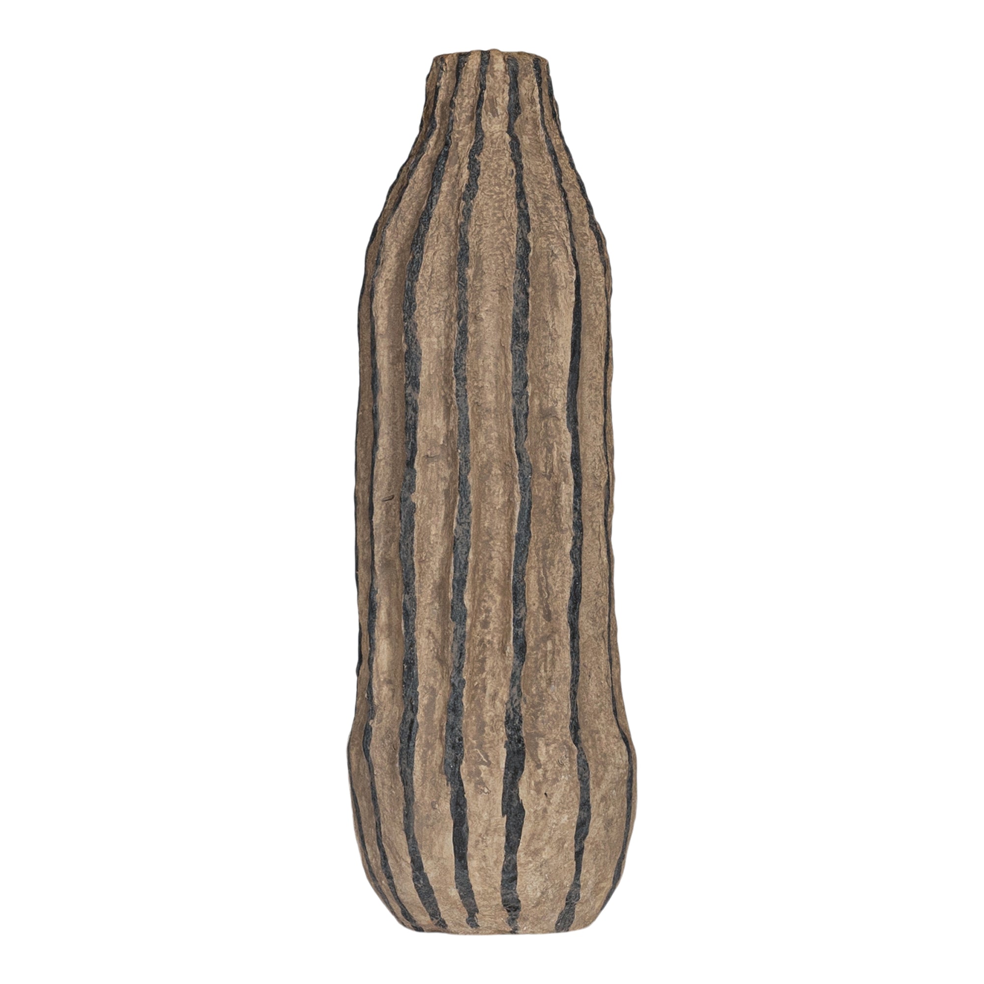Striped paper mache vase with a rustic texture, perfect as a decorative accent piece for modern and bohemian interiors.