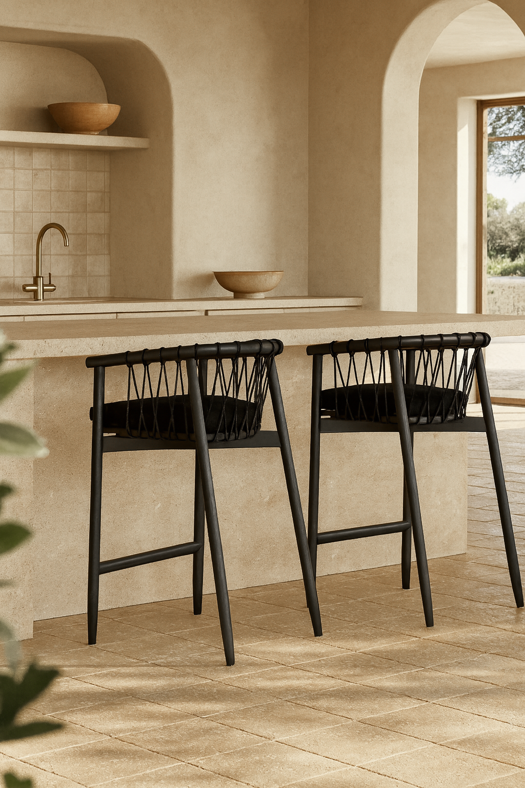 Pair of Sumbe Bar Chairs in black rope and black timber finish styled at a natural stone kitchen island with Mediterranean curves and soft neutral tones