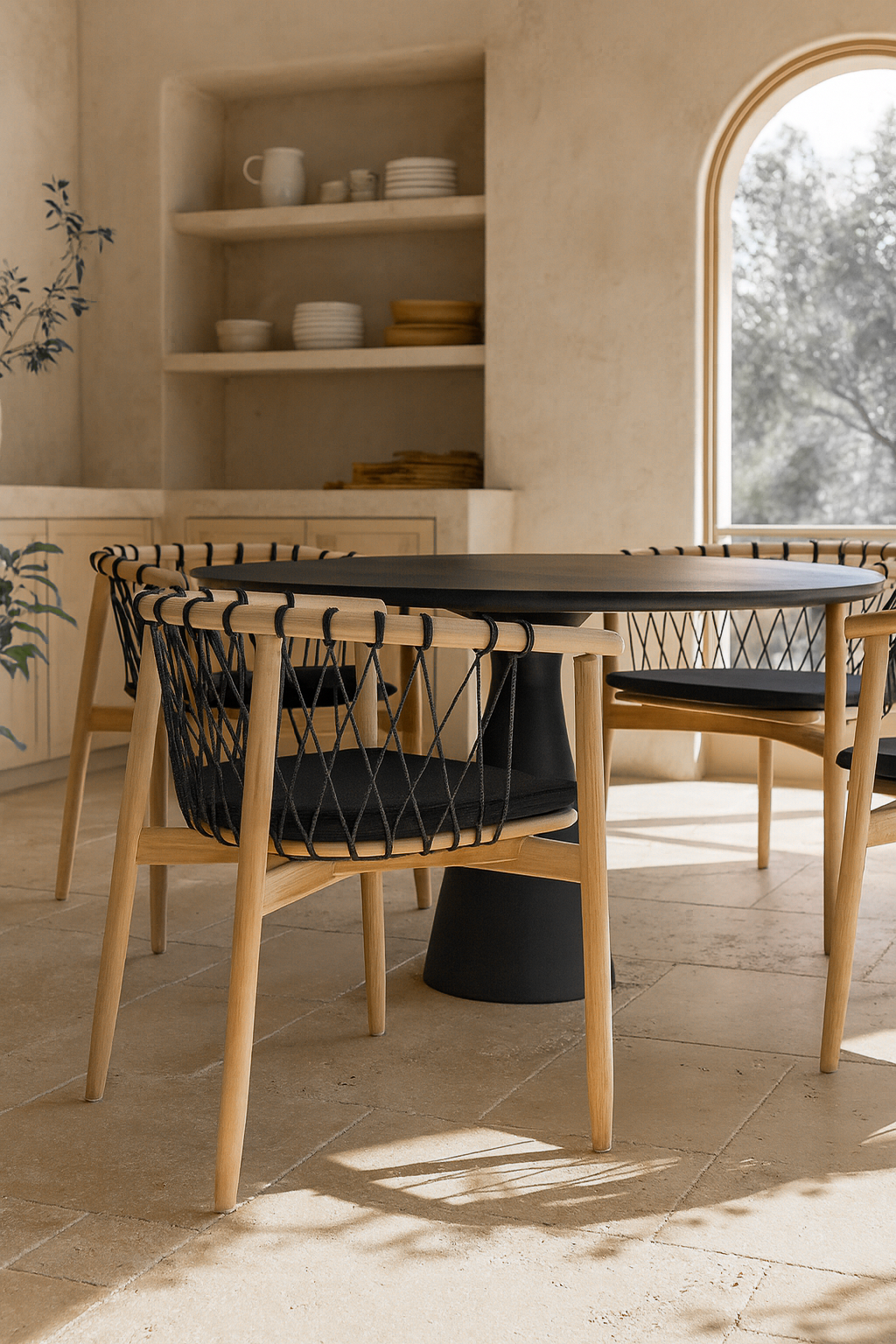 Sumbe Dining Chairs in black rope and natural teak wood styled around a black round table in a warm Mediterranean-inspired dining space with curved architectural details.