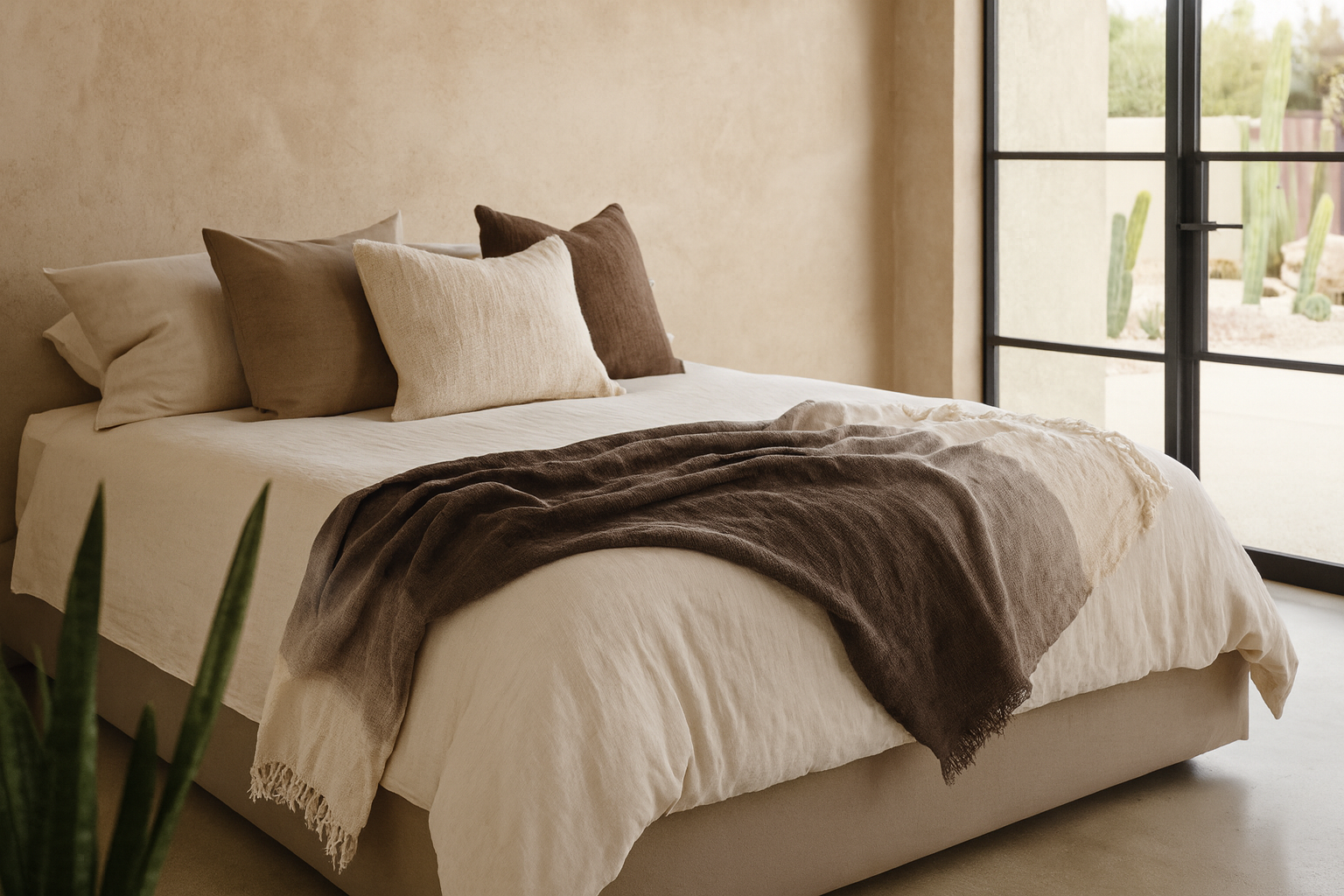 Sutu cotton throw in warm neutral and brown tones styled on a bed in a soft Mediterranean-inspired bedroom with natural light and rendered walls.