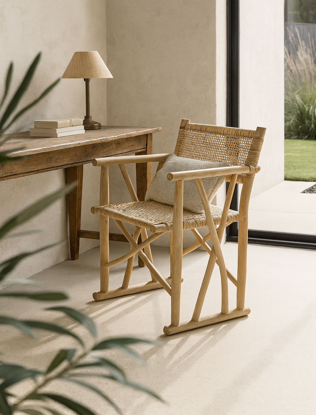 Swahili Armchair crafted from natural teak with a selimit rattan seat and backrest, styled in a sunlit study corner with a rustic timber desk and neutral decor.