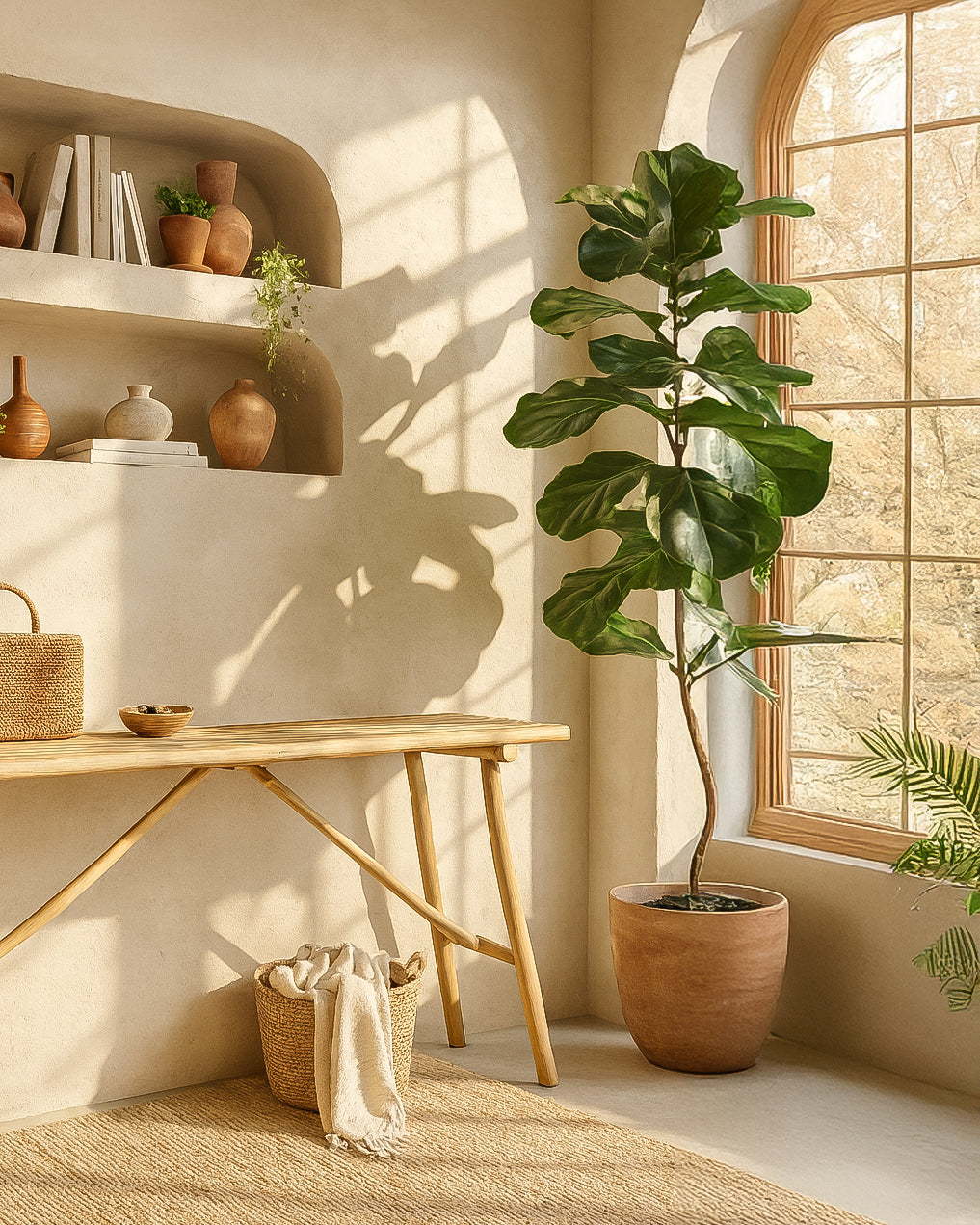 Swahili Console Table in light teak styled with ceramic decor and woven basket in a sunlit modern entryway with natural textures and indoor greenery