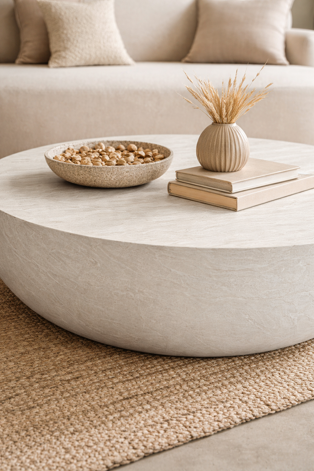 Tabati coffee table in eggshell hydro dipped finish with rounded low profile form styled in a soft neutral living room.