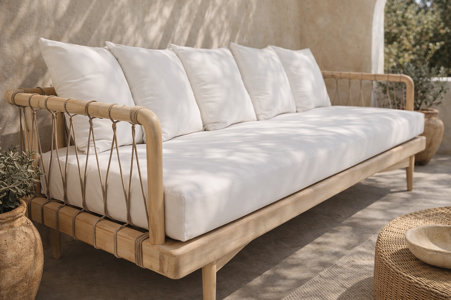 Tamala three seater sofa with soft white cushions and rattan detailing styled in a sunlit mediterranean inspired australian outdoor space