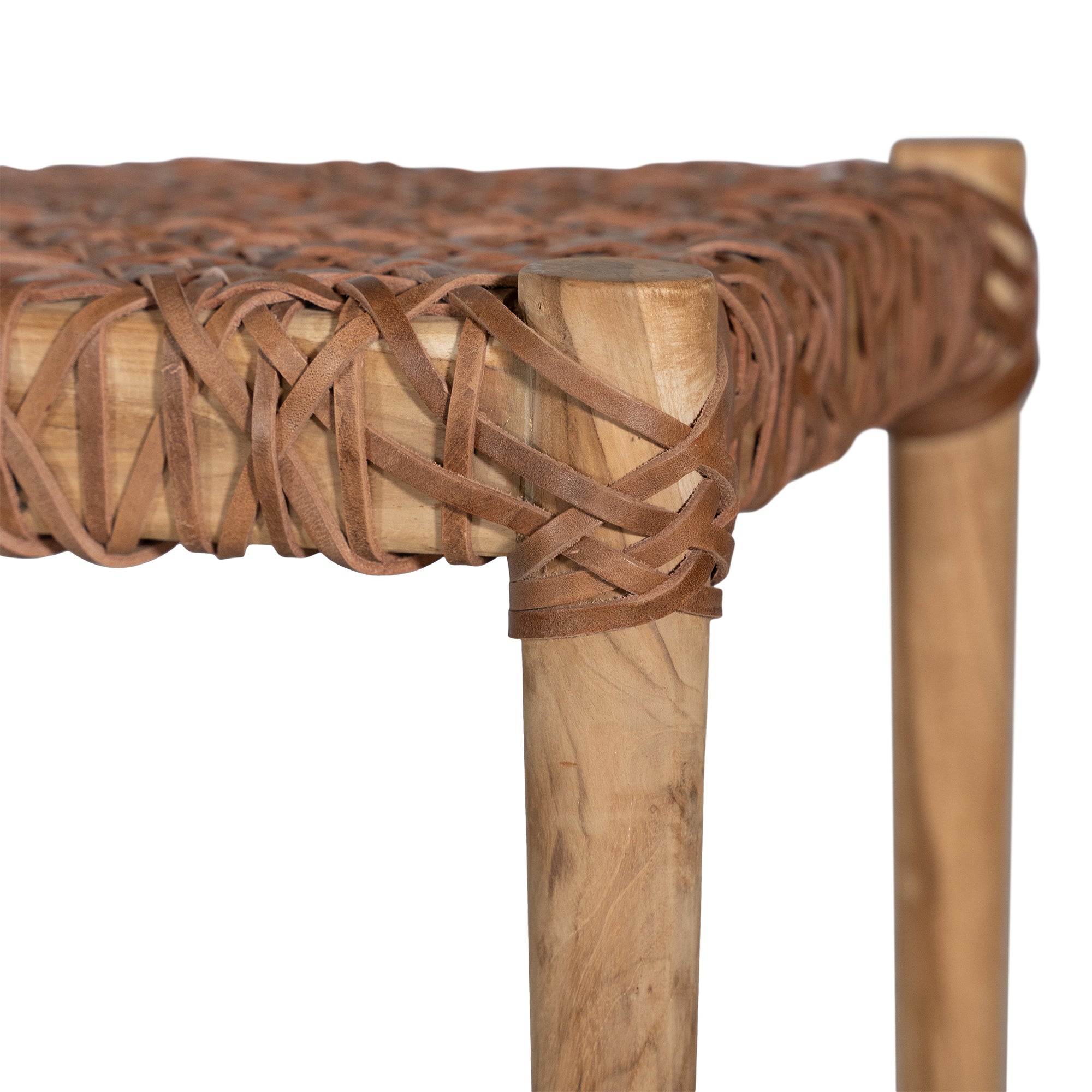 Natural teak and leather bench with a woven seat and solid wooden frame, showcasing artisanal craftsmanship and organic textures