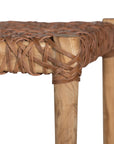 Natural teak and leather bench with a woven seat and solid wooden frame, showcasing artisanal craftsmanship and organic textures
