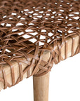 Natural teak and leather bench with a woven seat and solid wooden frame, showcasing artisanal craftsmanship and organic textures
