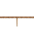 Natural teak and leather bench with a woven seat and solid wooden frame, showcasing artisanal craftsmanship and organic textures