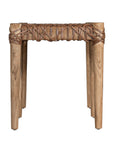 Natural teak and leather bench with a woven seat and solid wooden frame, showcasing artisanal craftsmanship and organic textures