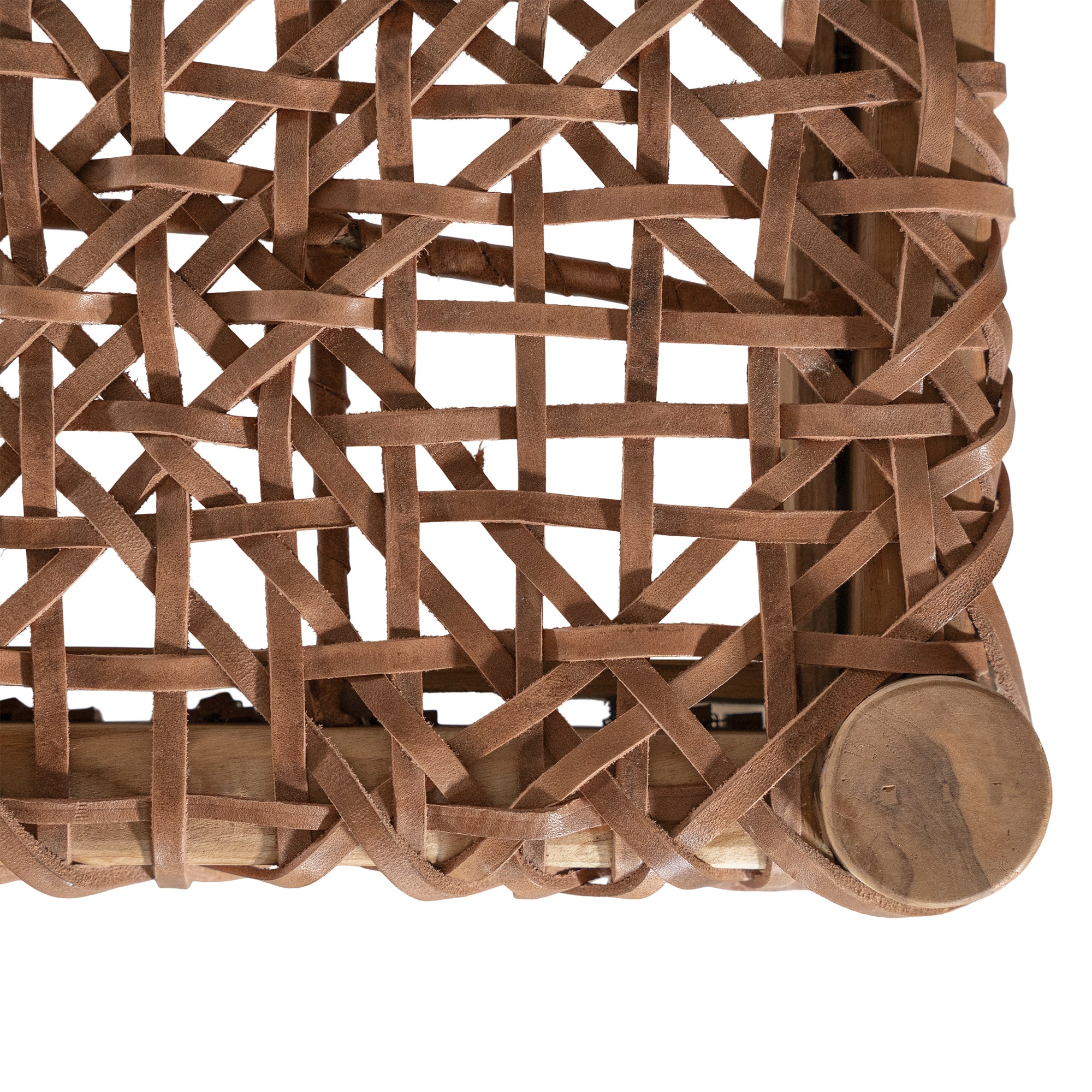 Natural teak and leather bench with a woven seat and solid wooden frame, showcasing artisanal craftsmanship and organic textures