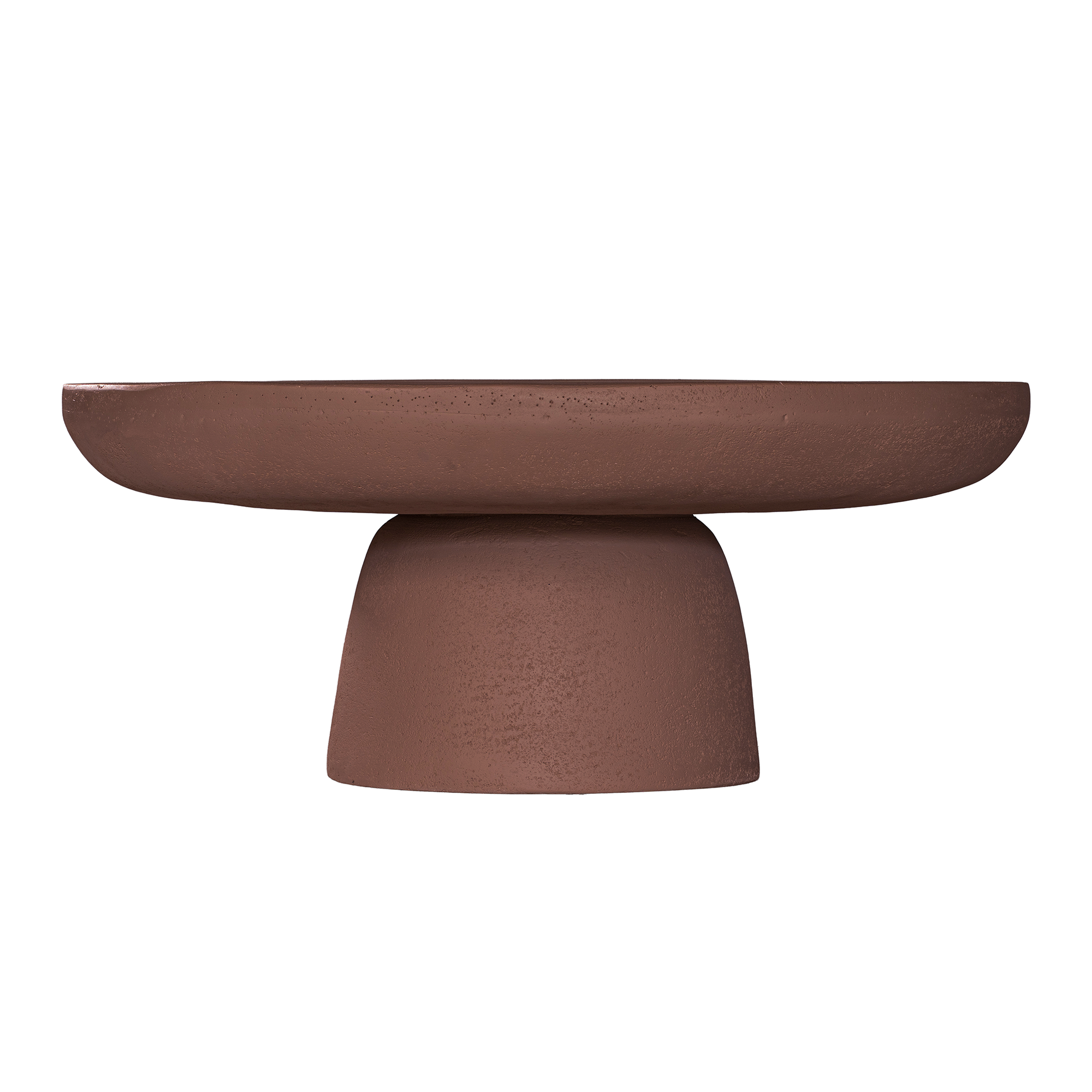 Tarran coffee table in cinnabar clay finish with rounded top and sculptural cylindrical leg