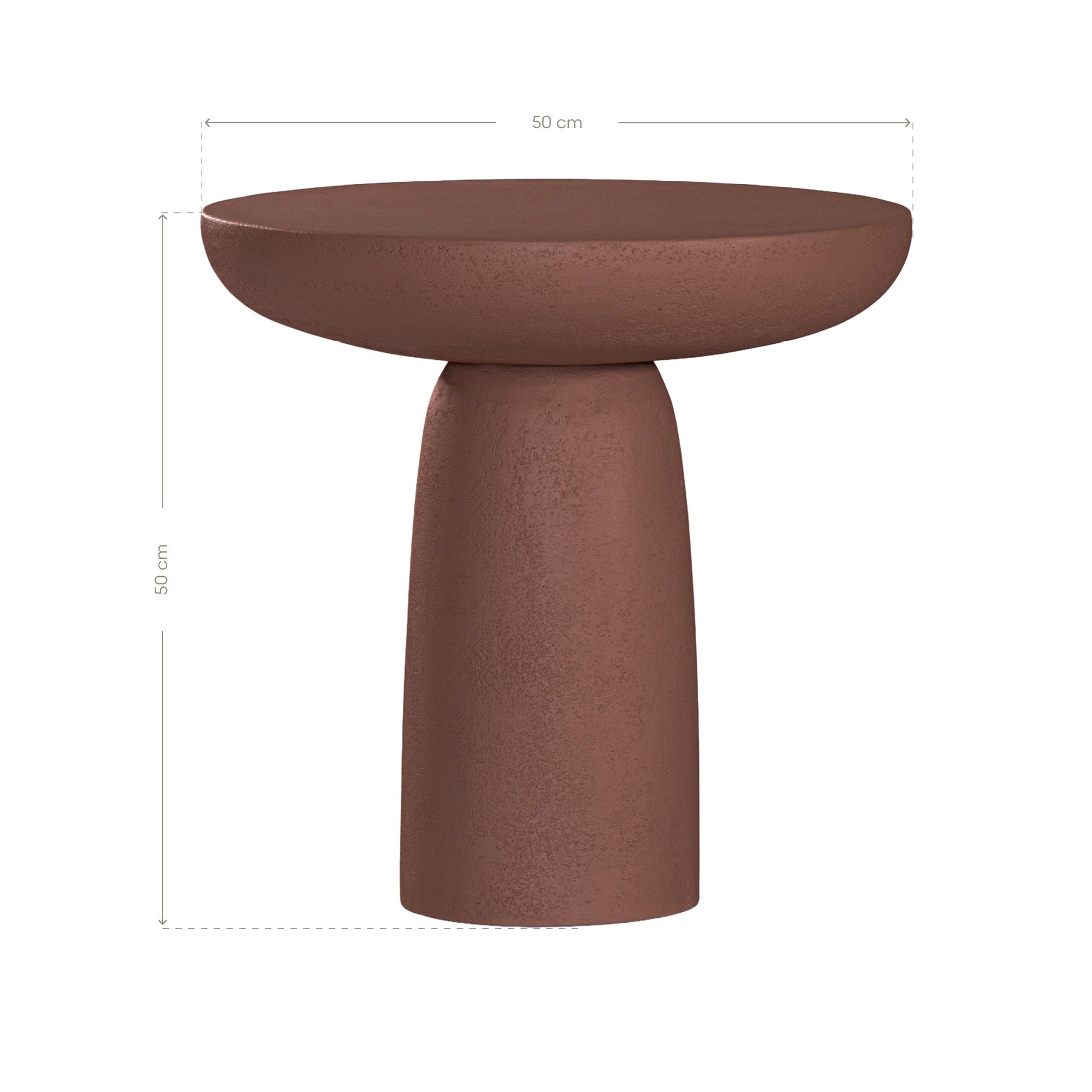 Tarran side table in cinnabar clay finish with rounded top and sculptural cylindrical leg.