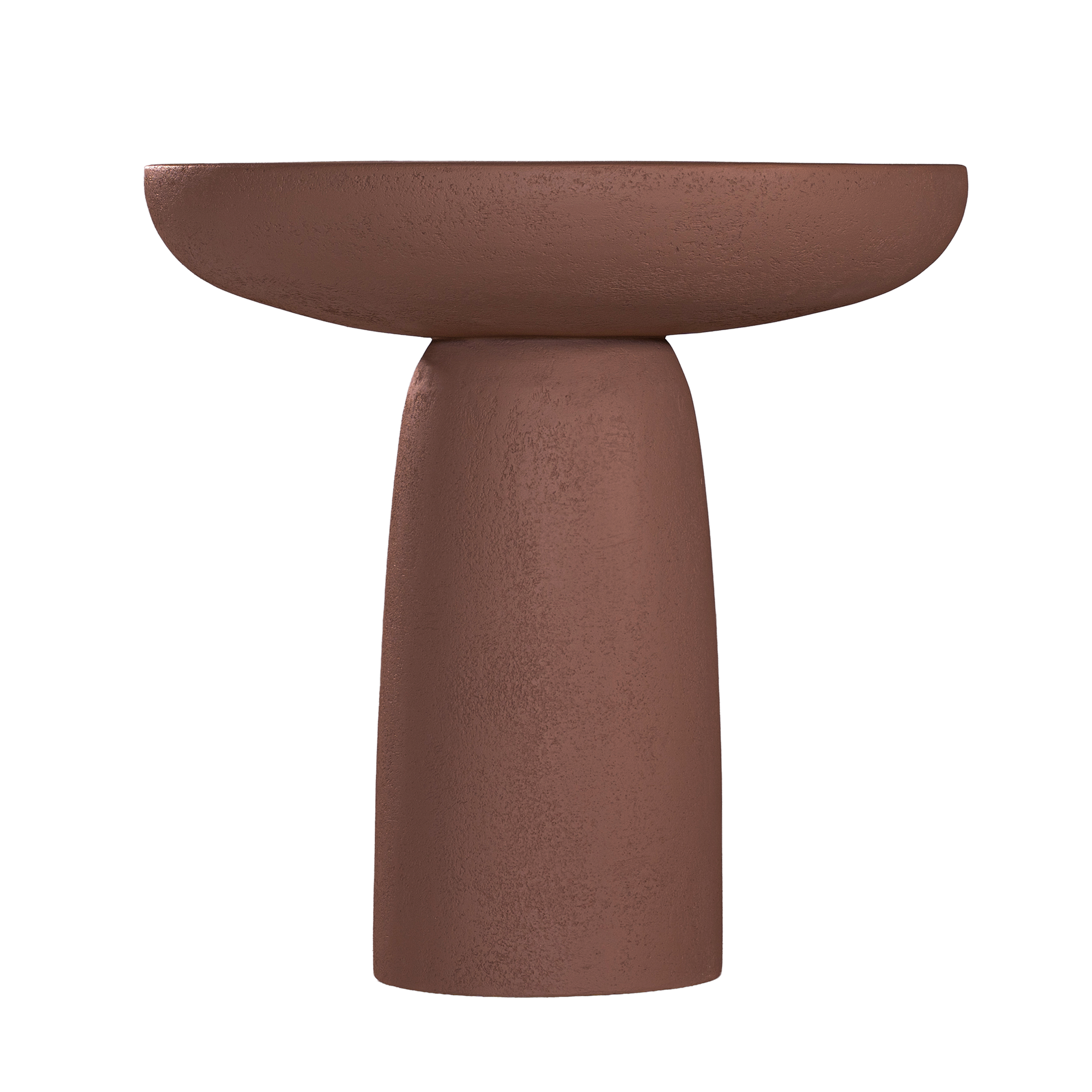 Tarran side table in cinnabar clay finish with rounded top and sculptural cylindrical leg.