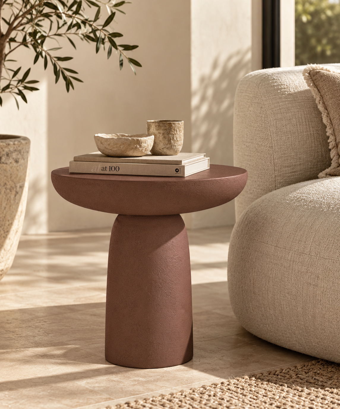 Tarran Side Table in Cinnabar Clay featuring a textured round top and tapered pedestal base, styled with books and ceramics beside a cream sofa.
